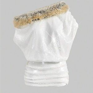 NWT SIZE L White Sequin off the shoulder dress with Faux Fur Trim